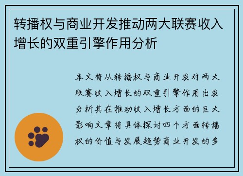 转播权与商业开发推动两大联赛收入增长的双重引擎作用分析