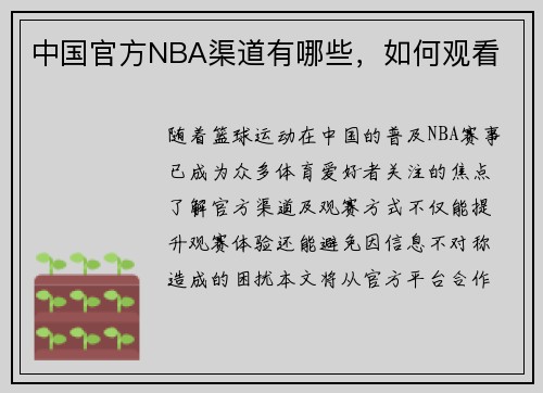 中国官方NBA渠道有哪些，如何观看